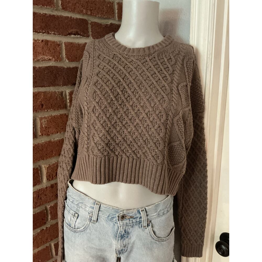 Soft Cable Knit Croppwed Sweater, Chunky Knit Cottagecore Taupe Brown S